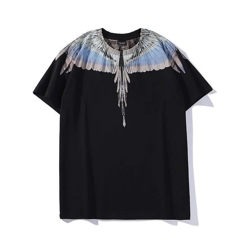 Marcelo Burlon T Shirt MB Gray and Blue Contrast Color Wings Pattern Same Style for Men and Women