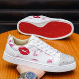 Louboutin-style red bottom shoes mencl lip print kiss mark red bottom casual shoes spiritual social hot diamond sneakers fashiontrendy men's white shoes nightclub