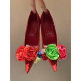 Louboutin-style red bottom shoes silk flower pointed toe cl stiletto women's shoes elegantslimming look frenchsexy beautiful ribbon fashion flats