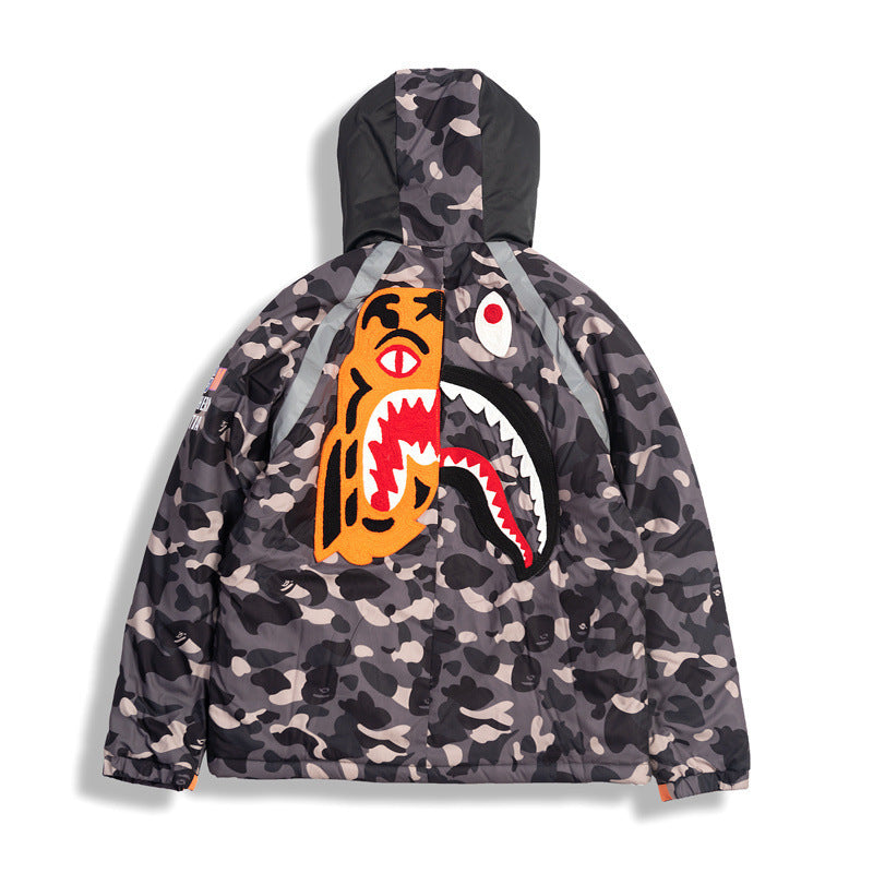 Shark Print Coat Autumn And Winter Men'S Casual Camouflage Shark Head Lightweight Warm Hooded Cotton Coat Jacket