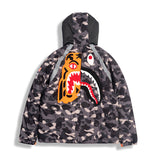 Shark Print Coat Autumn And Winter Men'S Casual Camouflage Shark Head Lightweight Warm Hooded Cotton Coat Jacket