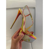 Louboutin-style red bottom shoes cl red bottom high heels fish mouth watercolor smudged ultra-high heel sandals women's stiletto waterproof platform with diamonds