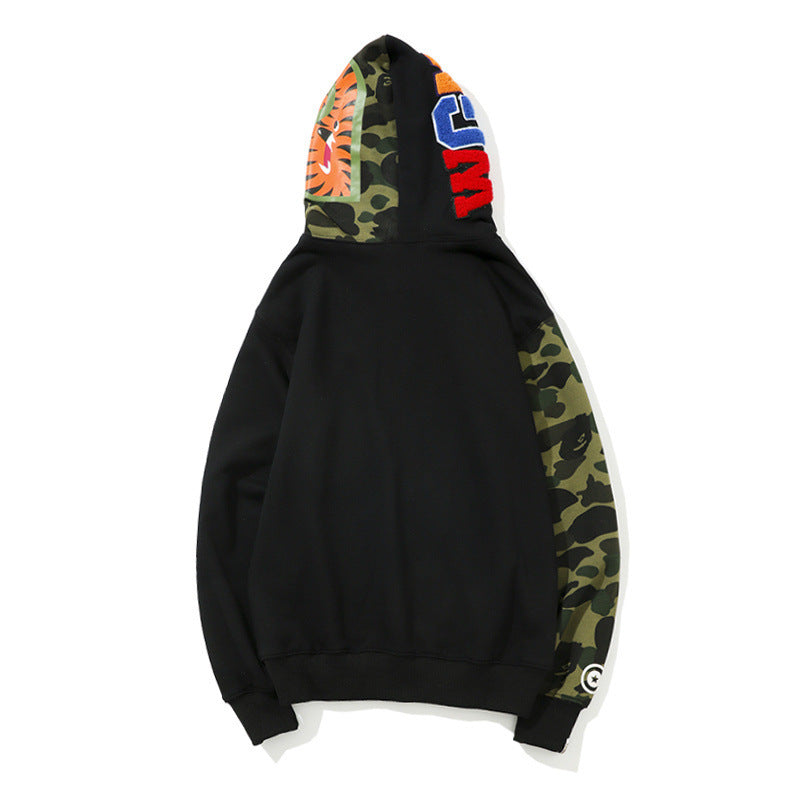 Shark Print Hoodie Autumn And Winter Fashion Brand Camouflage Embroidery Stitching Sleeves Cardigan Zipper Hoodie Coat