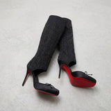 Louboutin-style red bottom shoes cl red bottom shoes knitting socks high heels women's satin square toe bows wear sleeve banquet high heels