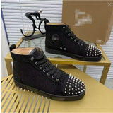 Louboutin-style red bottom shoes guangdong wintercl red bottom rivets high-top sneakers tie back round toe cow suede casual shoes