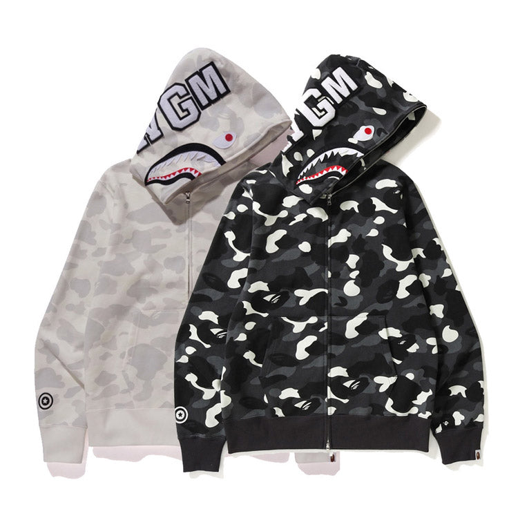 Shark Print Hoodie Black And White Luminous Shark Coat Looped Fabric Hooded Shark Sweater Shark Embroidered Hoodie