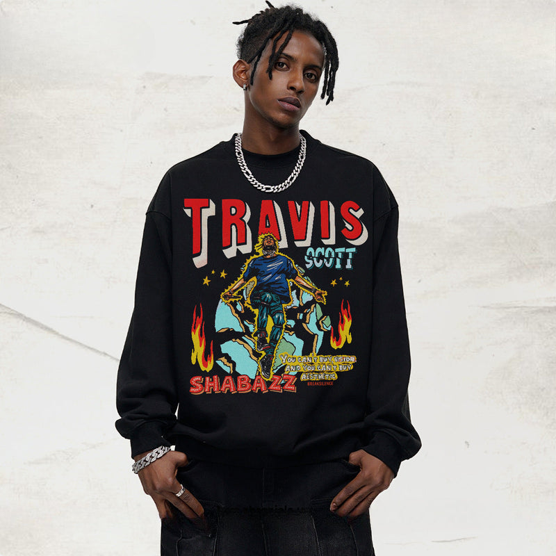 Vintage Hoodie travis scott street print hooded sweater crew neck