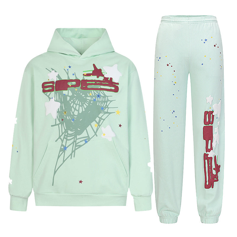 Sp5der Hoodie & Sweatpants 2 Piece Set Cobweb Puff Print Pure Cotton