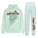 Sp5der Hoodie & Sweatpants 2 Piece Set Cobweb Puff Print Pure Cotton