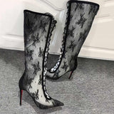 Louboutin-style red bottom shoes clsexy mesh pointed toe cut out long women's boots stiletto black elegance hot diamond sexy strap lace pattern