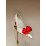 Louboutin-style red bottom shoes silk flower pointed toe cl stiletto women's shoes elegantslimming look frenchsexy beautiful ribbon fashion flats