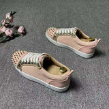 Louboutin-style red bottom shoes, pink gold-rimmed studded sneakers for men, cl red sole casual shoes, low-top lace-up trendy versatile athletic shoes