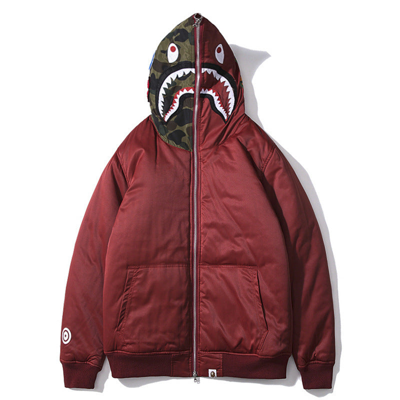 Shark Print Hoodie Men'S And Women'S Winter Embroidery Camouflage Stitching Hat Cotton-Padded Coat