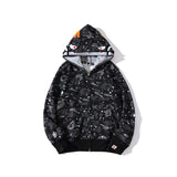 Shark Print Jacket Shark Head Luminous Starry Sky Double Hood Sweater Men And Women Zipper Fleece Padded Coat