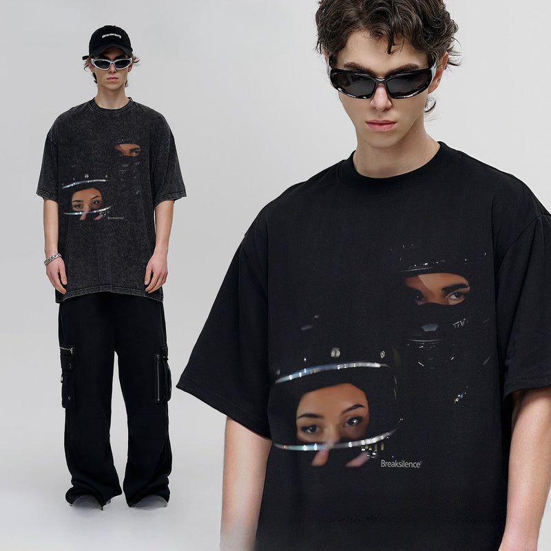 Vintage T-shirts Locomotive Junior Print Short Sleeve Loose Cotton