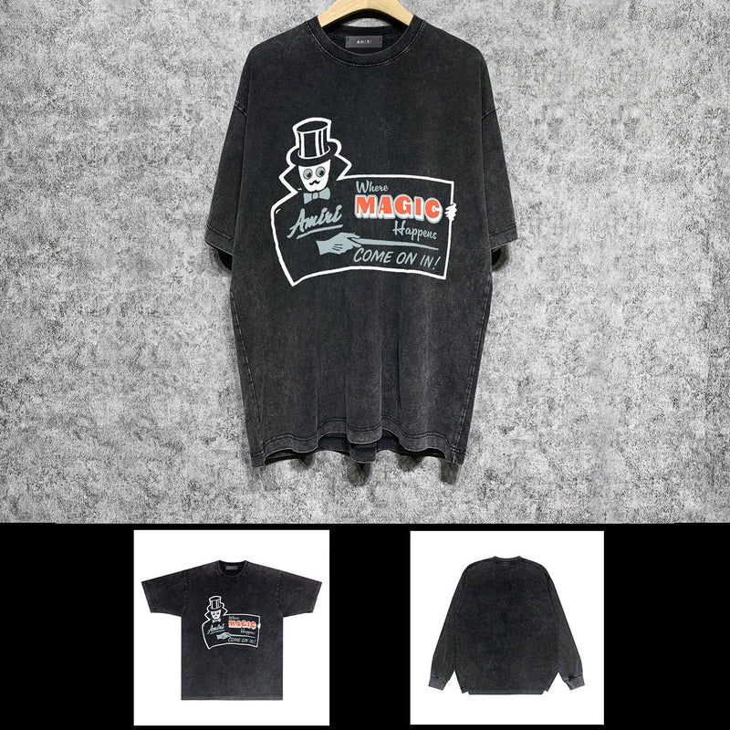 Amiri washed t-shirt top hat magician printing short sleeve