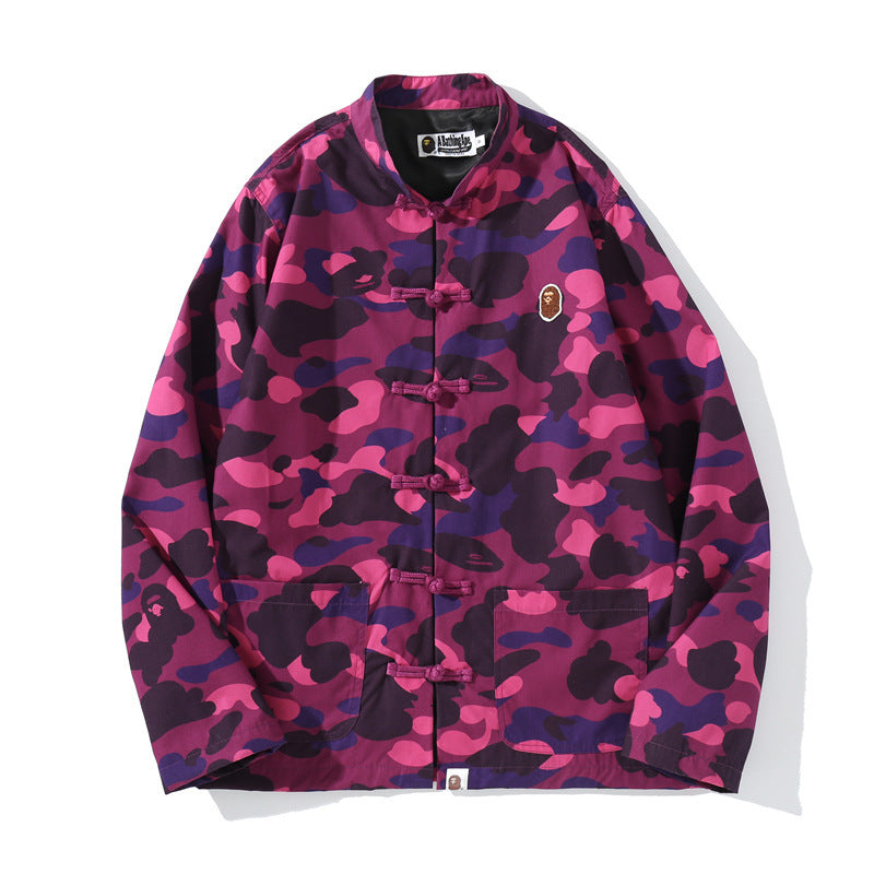 Shark Print Jacket Spring Fashion Brand Embroidered Chinese Style Retro Camouflage Stand Collar Tangzhuang Shirt