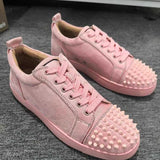 Louboutin-style red bottom shoes are specially designed for pink red bottom shoes couple style low anklecl suede sneakers spikes and rivets trendy shoes