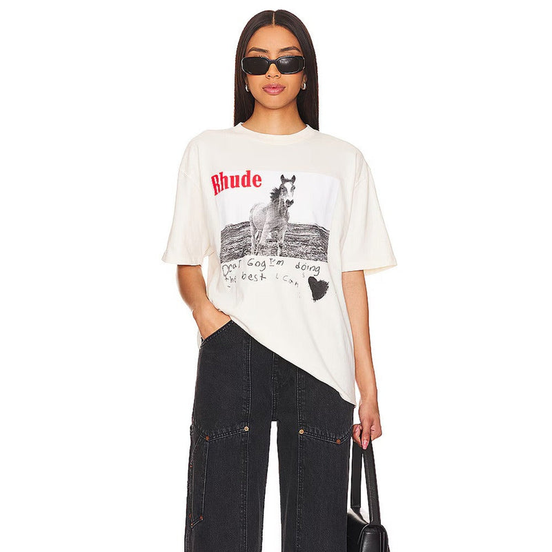 Rhude T Shirt Micro Label Alphabet Horse Print Short Sleeve T-Shirt