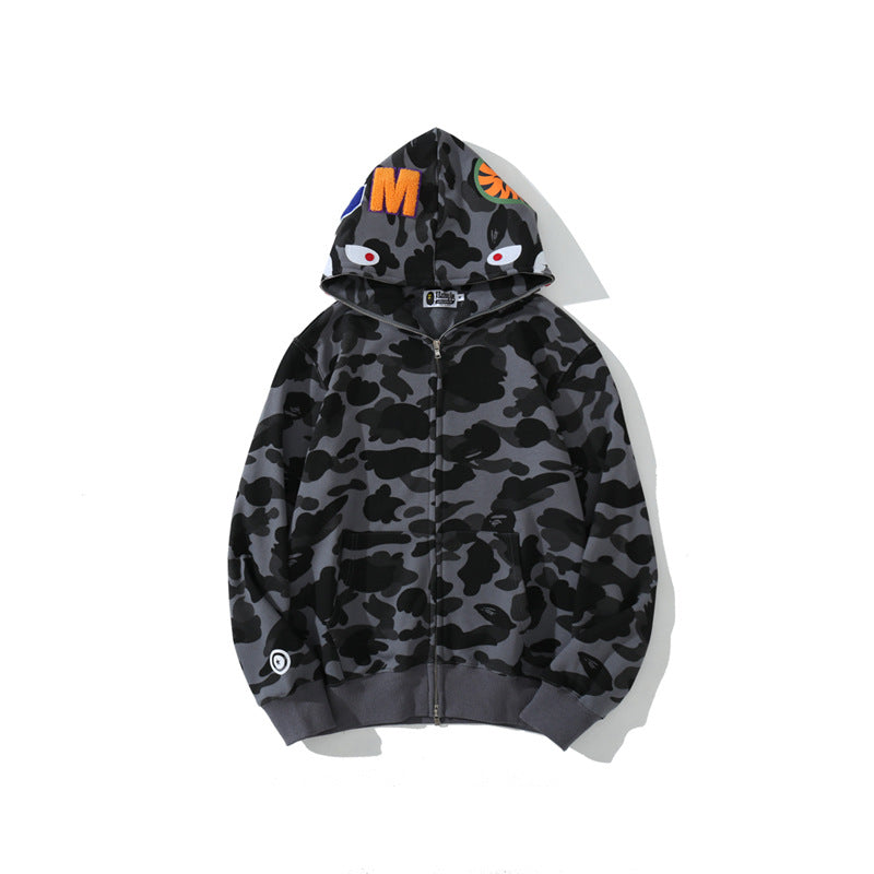 Shark Print Hoodie Autumn And Winter Shark Head Terry Sweater Men'S And Women'S Casual Camouflage Thin Sweater Baggy Coat