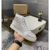 Louboutin-style red bottom shoes european station rivets cl red bottom shoes black velvet nails suede high-top hot diamond shoes fashiontrendyeasiest for match sneakers pure original