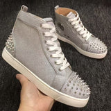 Louboutin-style red bottom shoes guangdong wintercl red bottom rivets high-top sneakers tie back round toe cow suede casual shoes