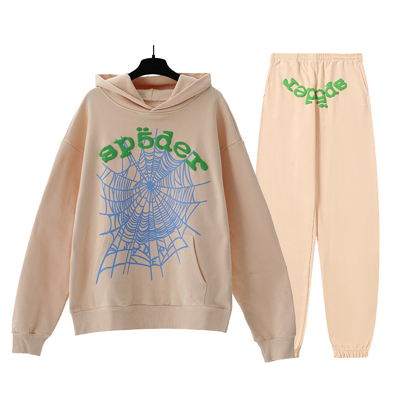 Sp5der Hoodie & Sweatpants 2 Piece Set Cobweb Puff Print Pure Cotton