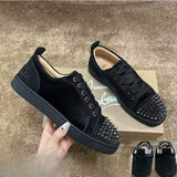 Louboutin-style red bottom shoes european station cl electric embroidered red bottom men's shoes black embroiderlow ankle studded men's shoes flatscasual shoes crescent shoes