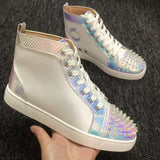 Louboutin-style red bottom shoes guangdong wintercl red bottom rivets high-top sneakers tie back round toe cow suede casual shoes