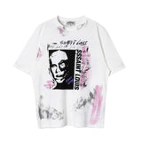 Men Vintage T-Shirts Vintage Washed Old Graffiti Loose Crew Neck Short Sleeves