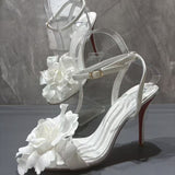 Louboutin-style red bottom shoes cl red bottom high heels flats one-piece buckle sandals ivory white silk satin bridal white flower sandals for women