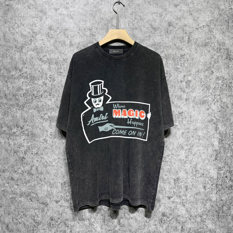 Amiri washed t-shirt top hat magician printing short sleeve