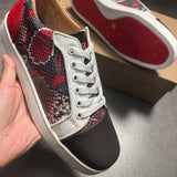 Louboutin-style red bottom shoes export red bottom shoes snake pattern patchworklow ankle sneakers women's red black and white contrast color genuine leather casual shoes men's easiest for match