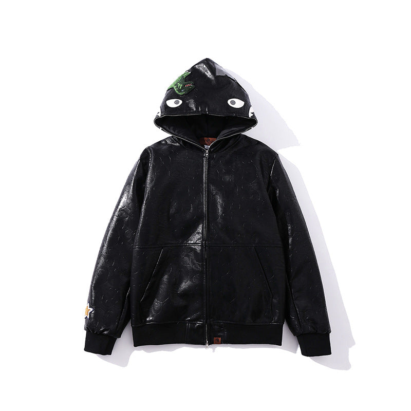Shark Print Jacket Shark Head Little Dinosaur Embroidered Leather Jacket Men'S And Women'S Zipper Jacket
