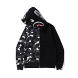 Shark Print Hoodie Camouflage Stitching Sweatshirt Luminous Hooded Zipper Fleece Jacket