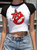 Stranger Things T Shirt Cow Head Print Exposed Navel Black Sleeve Stitching Cartoon T-shirt Sexy