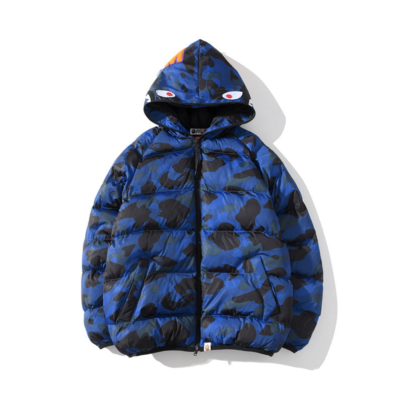 Shark Print Coat Shark Head Fashion Camouflage Hooded Zipper Cotton-Padded Coat For Men And Women