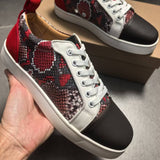 Louboutin-style red bottom shoes export red bottom shoes snake pattern patchworklow ankle sneakers women's red black and white contrast color genuine leather casual shoes men's easiest for match