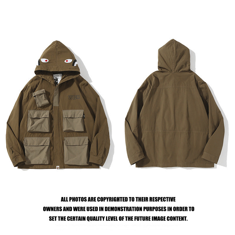 Shark Print Jacket Autumn And Winter Multi-Pocket Workwear Jacket Hooded Coat