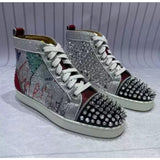 Louboutin-style red bottom shoes european station rivets cl red bottom shoes black velvet nails suede high-top hot diamond shoes fashiontrendyeasiest for match sneakers pure original