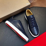 Louboutin-style red bottom shoes, hot-selling genuine leather flat men's sneakers, cl red sole trendy lace-up casual shoes, factory direct