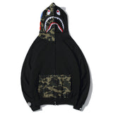 Shark Print Hoodie Autumn And Winter Stitching Pocket Zipper Fleece Padded Coat Men And Women Couple