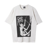Men Vintage T-Shirts Vintage Washed Old Graffiti Loose Crew Neck Short Sleeves