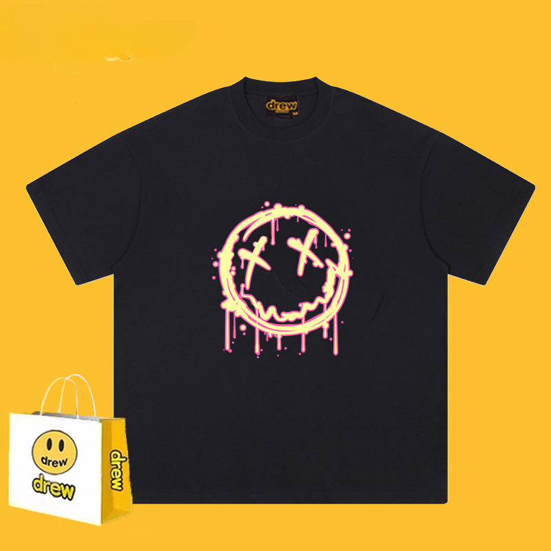 Drew T Shirts Flame Smiley Face Short Sleeve Print