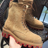 Louboutin-style red bottom shoes clworkwear short tube tie backbootsthick sole hidden heelcasualeasiest for matchsuede red bottom men's boots