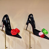 Louboutin-style red bottom shoes silk flower pointed toe cl stiletto women's shoes elegantslimming look frenchsexy beautiful ribbon fashion flats