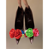 Louboutin-style red bottom shoes silk flower pointed toe cl stiletto women's shoes elegantslimming look frenchsexy beautiful ribbon fashion flats