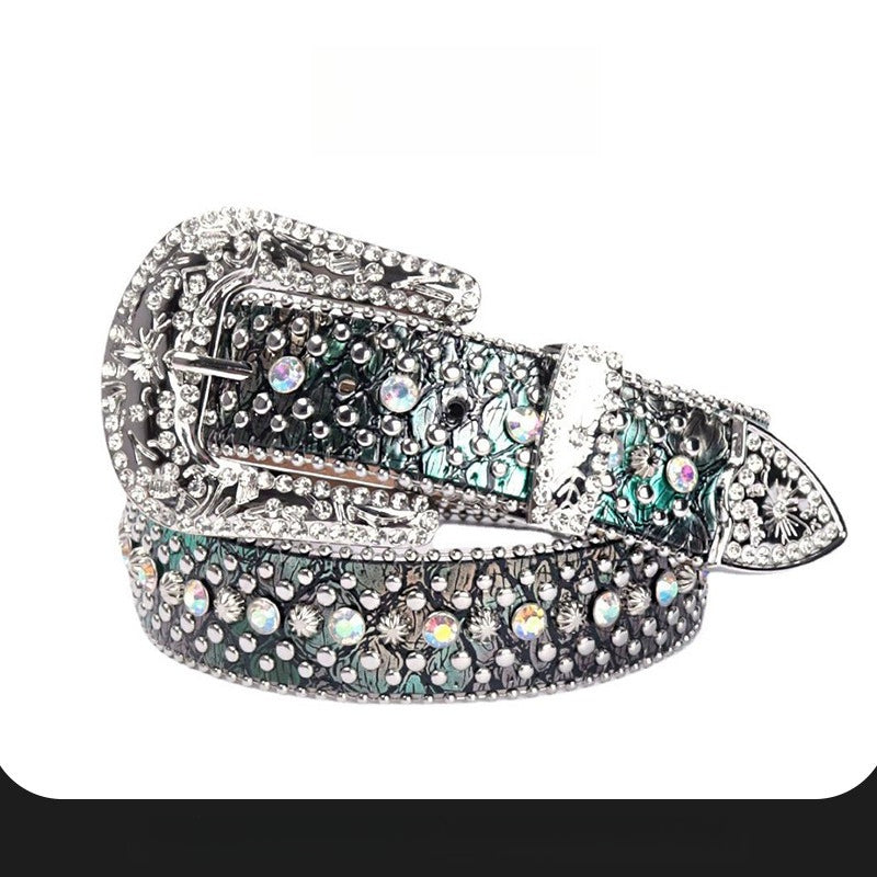 Hip-hop punk rhinestone belt crocodile pattern gradient color