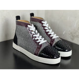 Louboutin-style red bottom shoes guangdong wintercl red bottom rivets high-top sneakers tie back round toe cow suede casual shoes