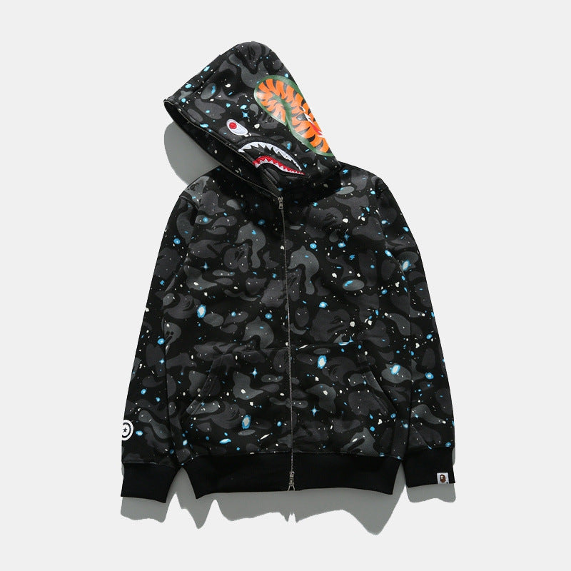Shark Print Hoodie Autumn And Winter Men'S Shark Luminous Camouflage Brushed Shark Sweater Men'S Hooded Casual Coat